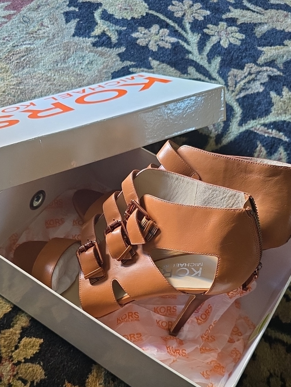 Michael Kors Cognac Leather Buckle Cutout Stiletto Heels Original Box